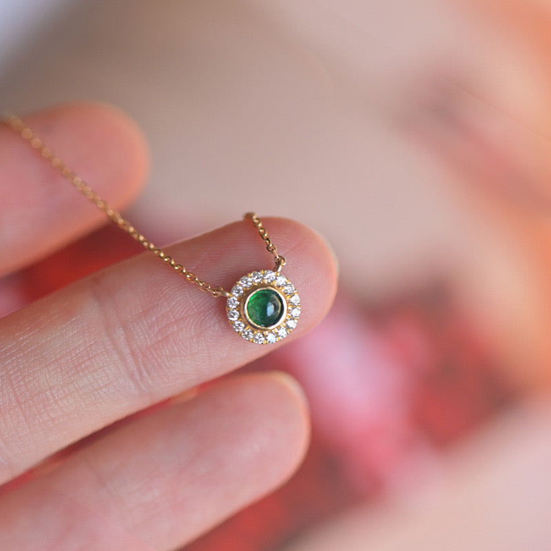 Green Crystal Gemstone Emerald and Zircon Round Pendant Necklace 925 Sterling Silver with 18K Gold Plating - Elegant Collarbone Chain Jewelry