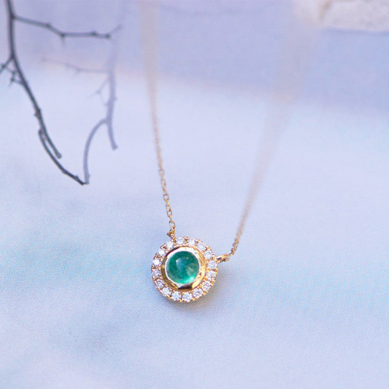 Green Crystal Gemstone Emerald and Zircon Round Pendant Necklace 925 Sterling Silver with 18K Gold Plating - Elegant Collarbone Chain Jewelry