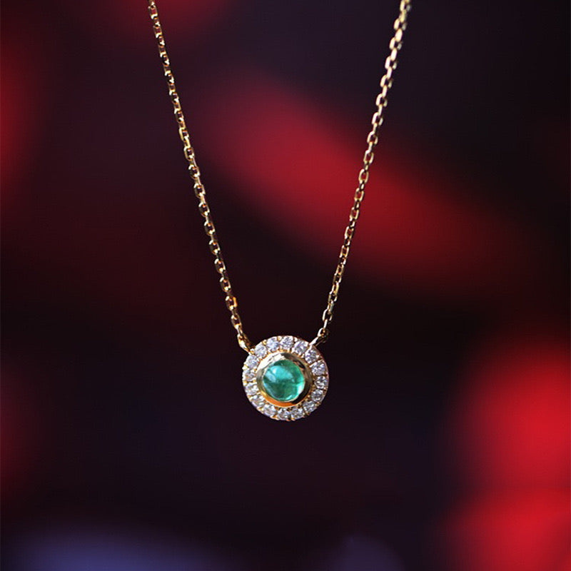 Green Crystal Gemstone Emerald and Zircon Round Pendant Necklace 925 Sterling Silver with 18K Gold Plating - Elegant Collarbone Chain Jewelry