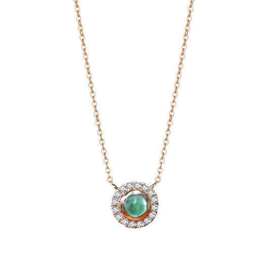 Green Crystal Gemstone Emerald and Zircon Round Pendant Necklace 925 Sterling Silver with 18K Gold Plating - Elegant Collarbone Chain Jewelry