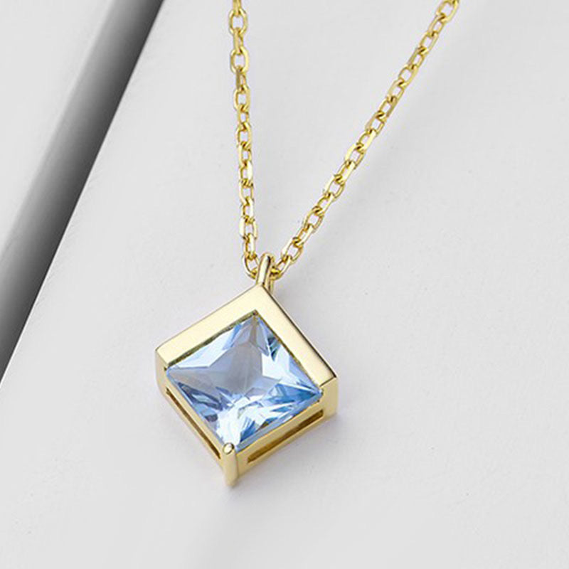 Square Natural Aquamarine Pendant Necklace S925 Sterling Silver with 18K Gold Plating - Square Stone Design for Women