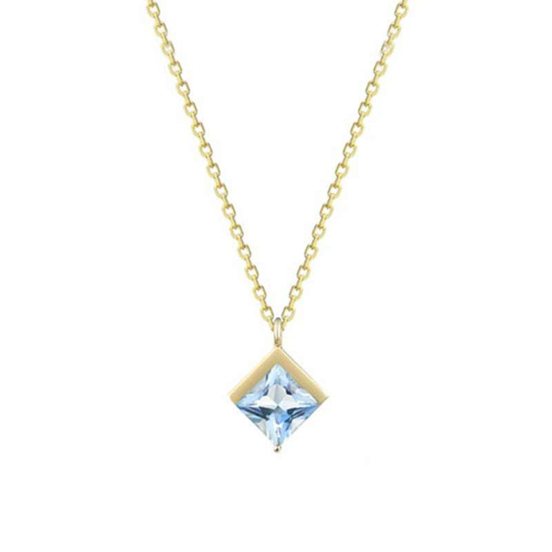 Square Natural Aquamarine Pendant Necklace S925 Sterling Silver with 18K Gold Plating - Square Stone Design for Women