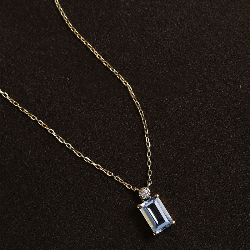 Rectangular Aquamarine Necklace S925 Sterling Silver with 18K Gold Plating - Women's Collarbone Chain, March Birthstone