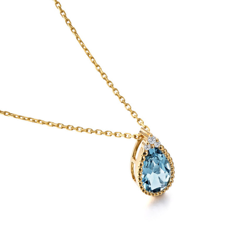 Teardrop Aquamarine Necklace 925 Sterling Silver with 18K Gold Plating - Summer Women's Pendant Necklace