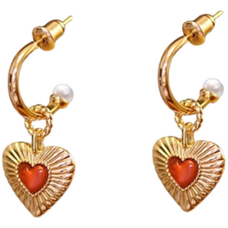 Red Agate Heart Earrings 925 Sterling Silver with Gold Plating - Unique Popula Design with Pearl and Gold Heart Drop for Women