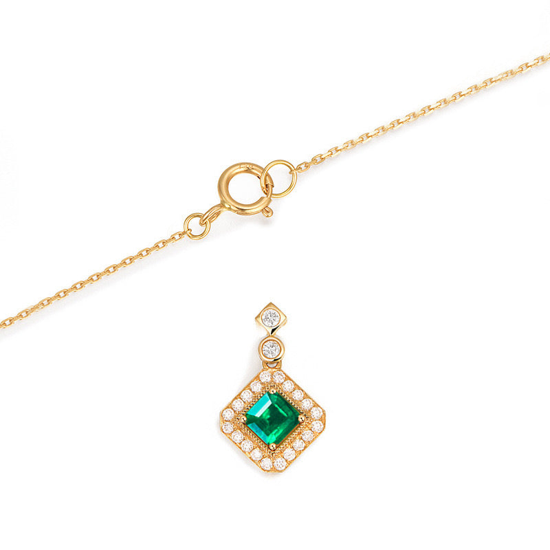 Square Emerald Green Gemstone Pendant Necklace S925 Silver with 18K Gold Plating - Unique Collarbone Chain, May Birthstone Jewelry