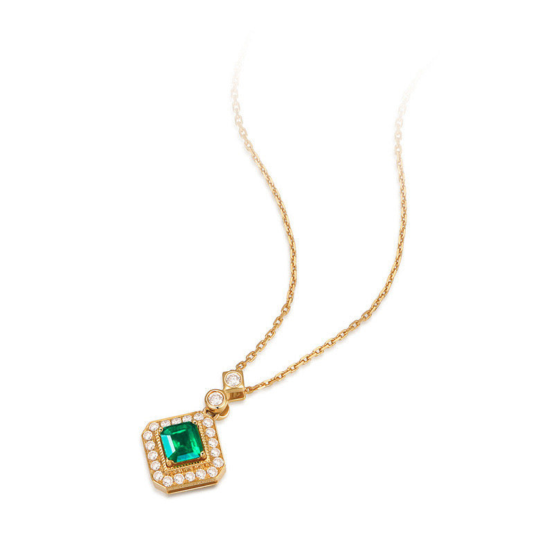 Square Emerald Green Gemstone Pendant Necklace S925 Silver with 18K Gold Plating - Unique Collarbone Chain, May Birthstone Jewelry