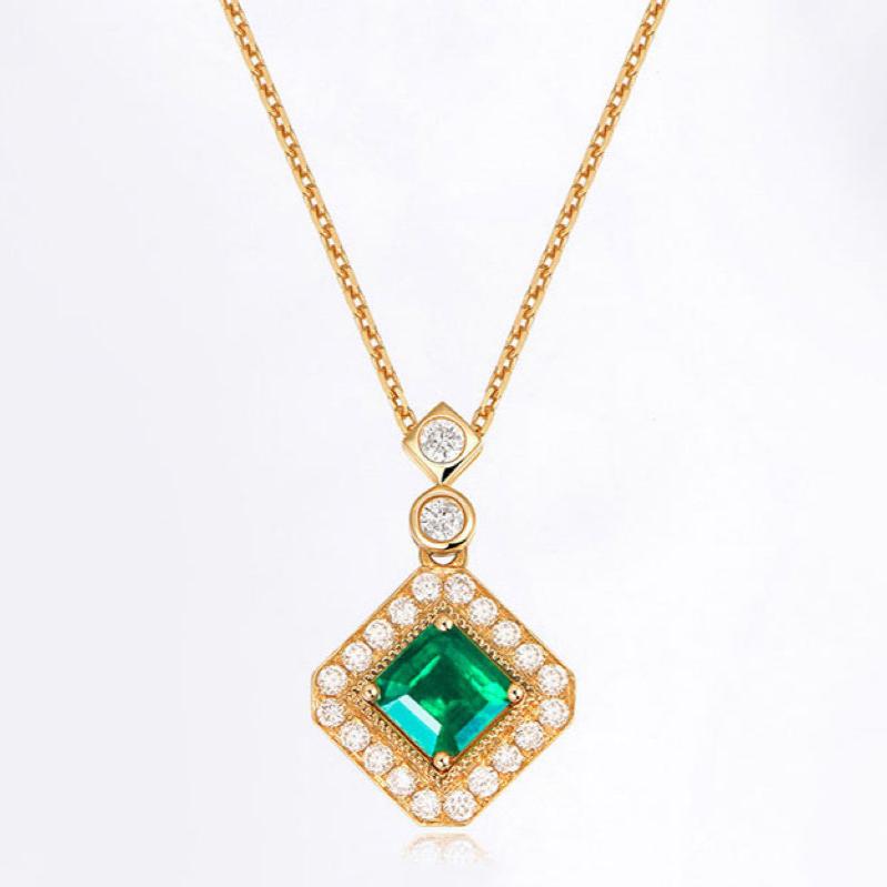 Square Emerald Green Gemstone Pendant Necklace S925 Silver with 18K Gold Plating - Unique Collarbone Chain, May Birthstone Jewelry