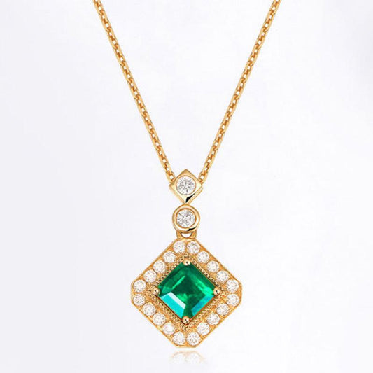 Square Emerald Green Gemstone Pendant Necklace S925 Silver with 18K Gold Plating - Unique Collarbone Chain, May Birthstone Jewelry