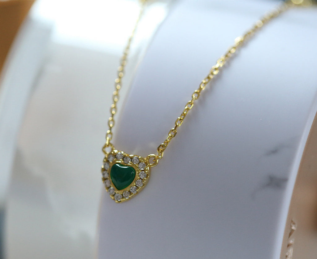 Green Agate Heart Pendant Necklace S925 Sterling Silver with Gold Plating - Vintage Unique Ocean Heart Jewelry for Women