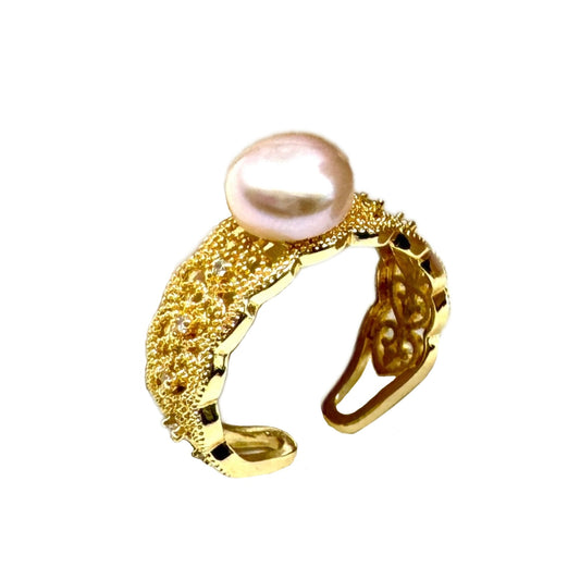 Lace Tapered Ring with Pink Pearl - Gold Metal Band, Intricate Elegant Vintage-Inspired Jewelry for Women