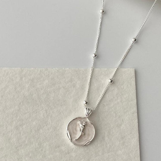 Embossed Tulip Pendant Necklace in S925 Sterling Silver with White Enamel Round Disc Charm – Elegant Summer Style