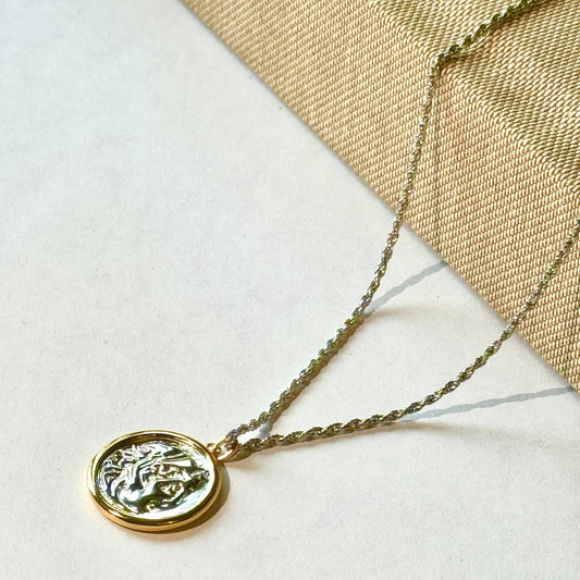 Vintage Coin Pendant Necklace in S925 Sterling Silver with Gold-Tone Border – Elegant, Timeless Design for Women