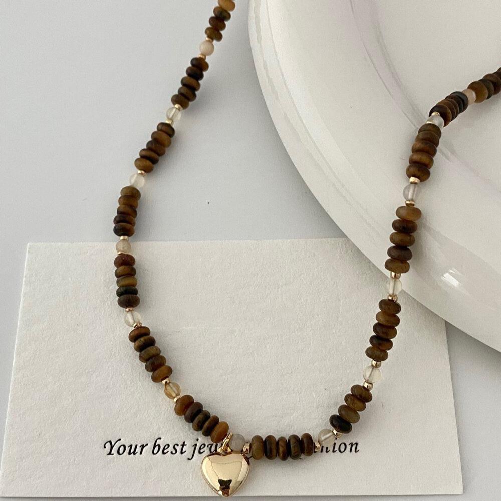 Tiger’s Eye Beaded Collarbone Necklace, Natural Stone 18K Gold Plated S925 Sterling Silver, Heart Pendant, Autumn Boho Style