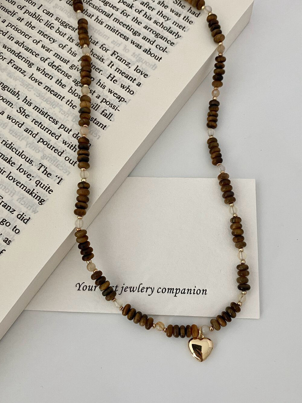 Tiger’s Eye Beaded Collarbone Necklace, Natural Stone 18K Gold Plated S925 Sterling Silver, Heart Pendant, Autumn Boho Style