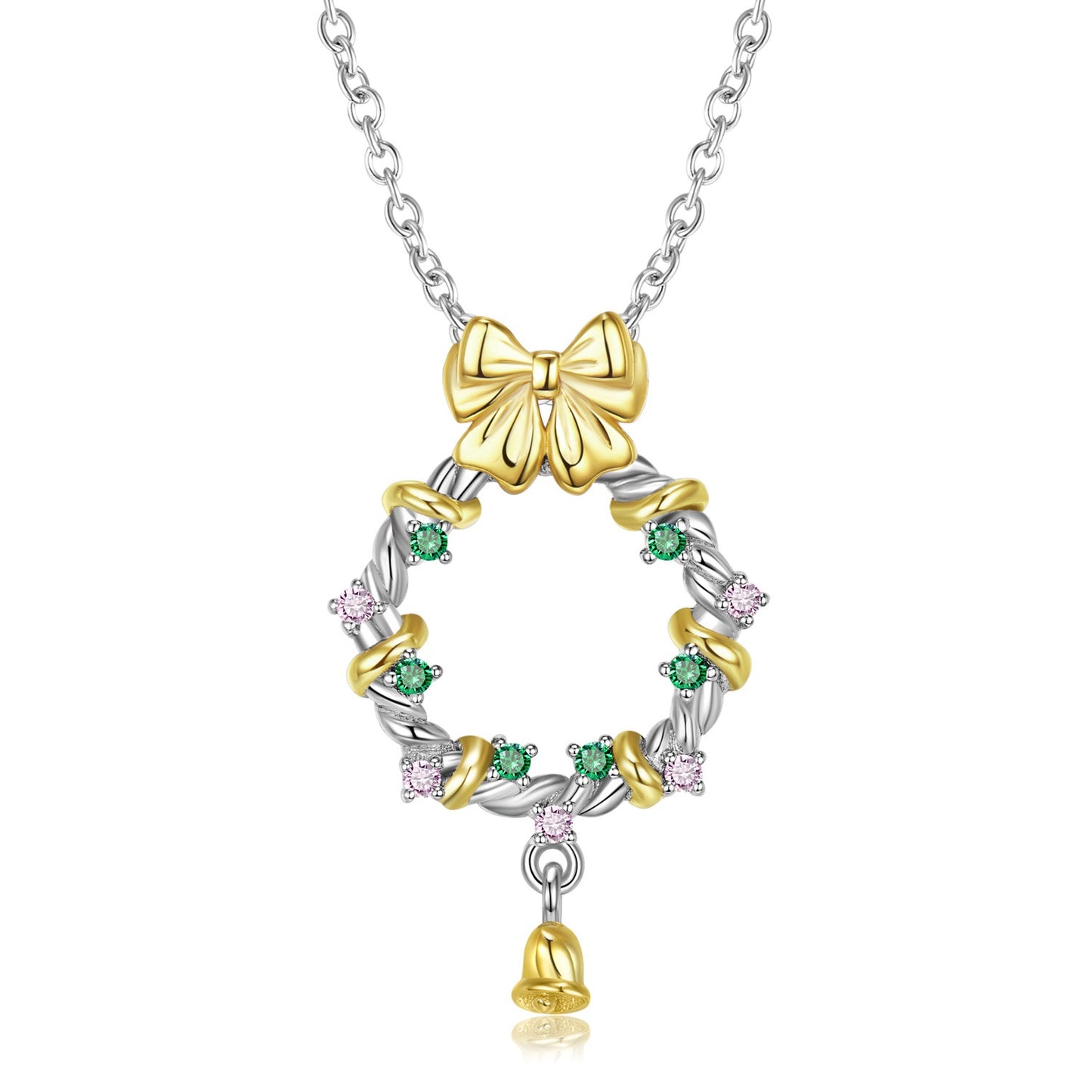 Christmas Bell Wreath Necklace, S925 Sterling Silver with Gold Accents and Colors Gemstones, Festive Holiday Jewelry