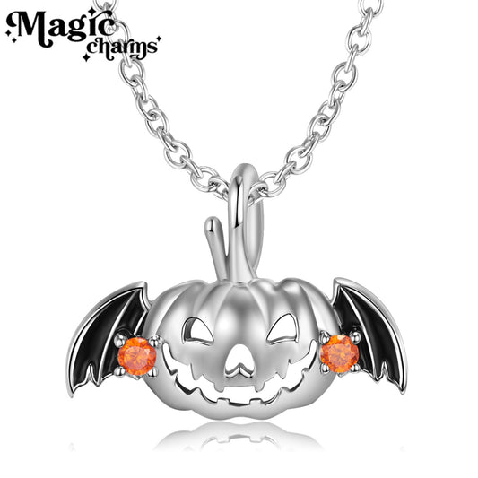 Flying Pumpkin Necklace, S925 Sterling Silver with Orange Gemstones, Halloween Bat Wings Style Jewelry