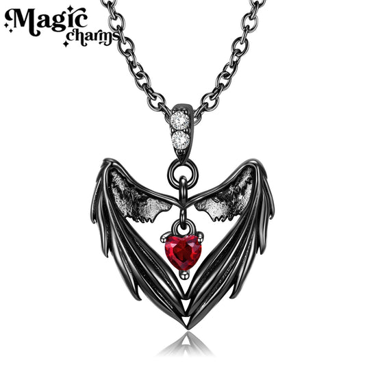 Heart of Wings Necklace, S925 Sterling Silver with Black Gold Plating and Red Gemstone, Gothic Halloween Jewelry