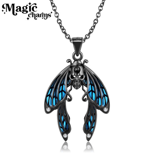 Cicada Skull Blue Enamel Necklace, S925 Sterling Silver with Black Gold Plating, Gothic Dark Aesthetic Halloween Jewelry