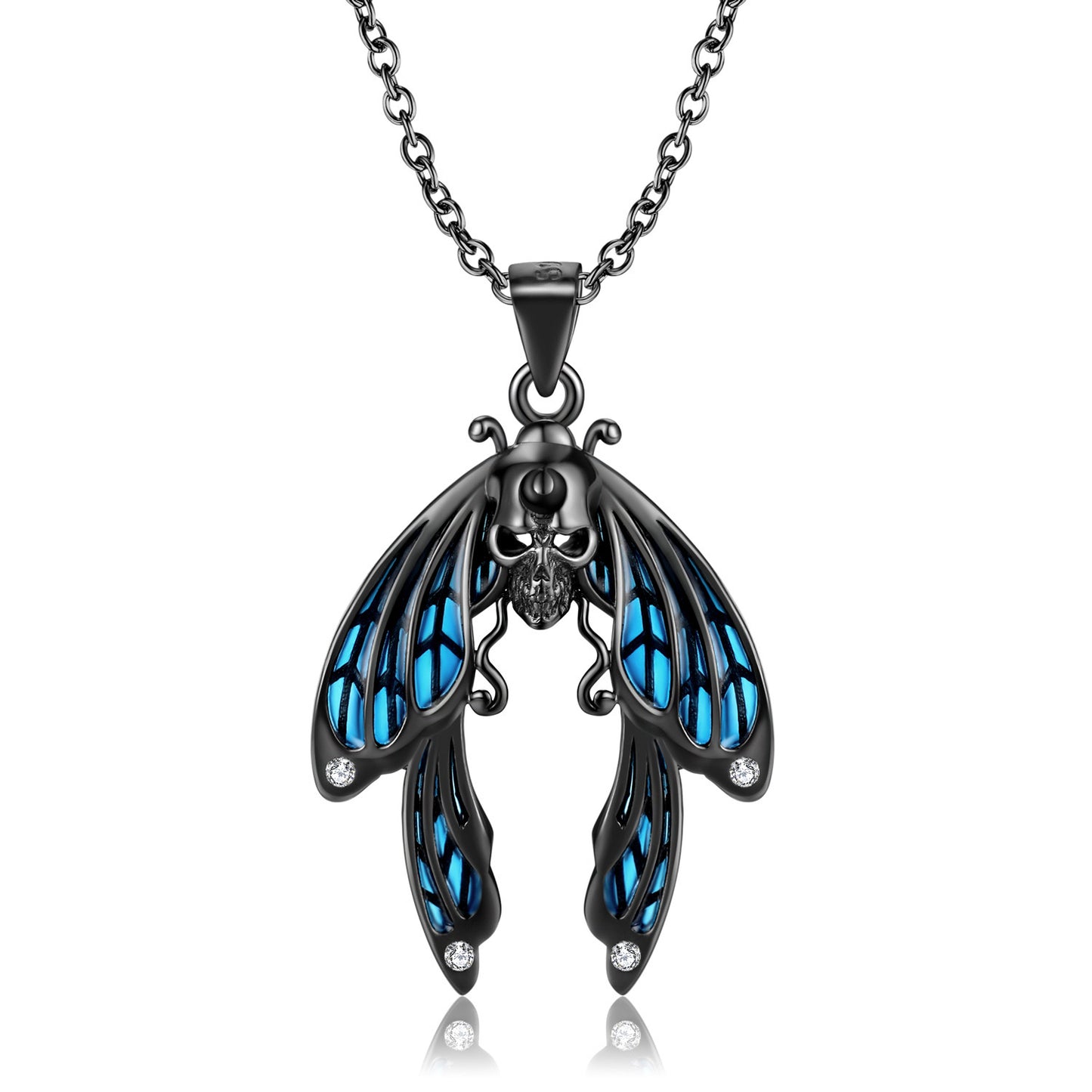 Cicada Skull Blue Enamel Necklace, S925 Sterling Silver with Black Gold Plating, Gothic Dark Aesthetic Halloween Jewelry