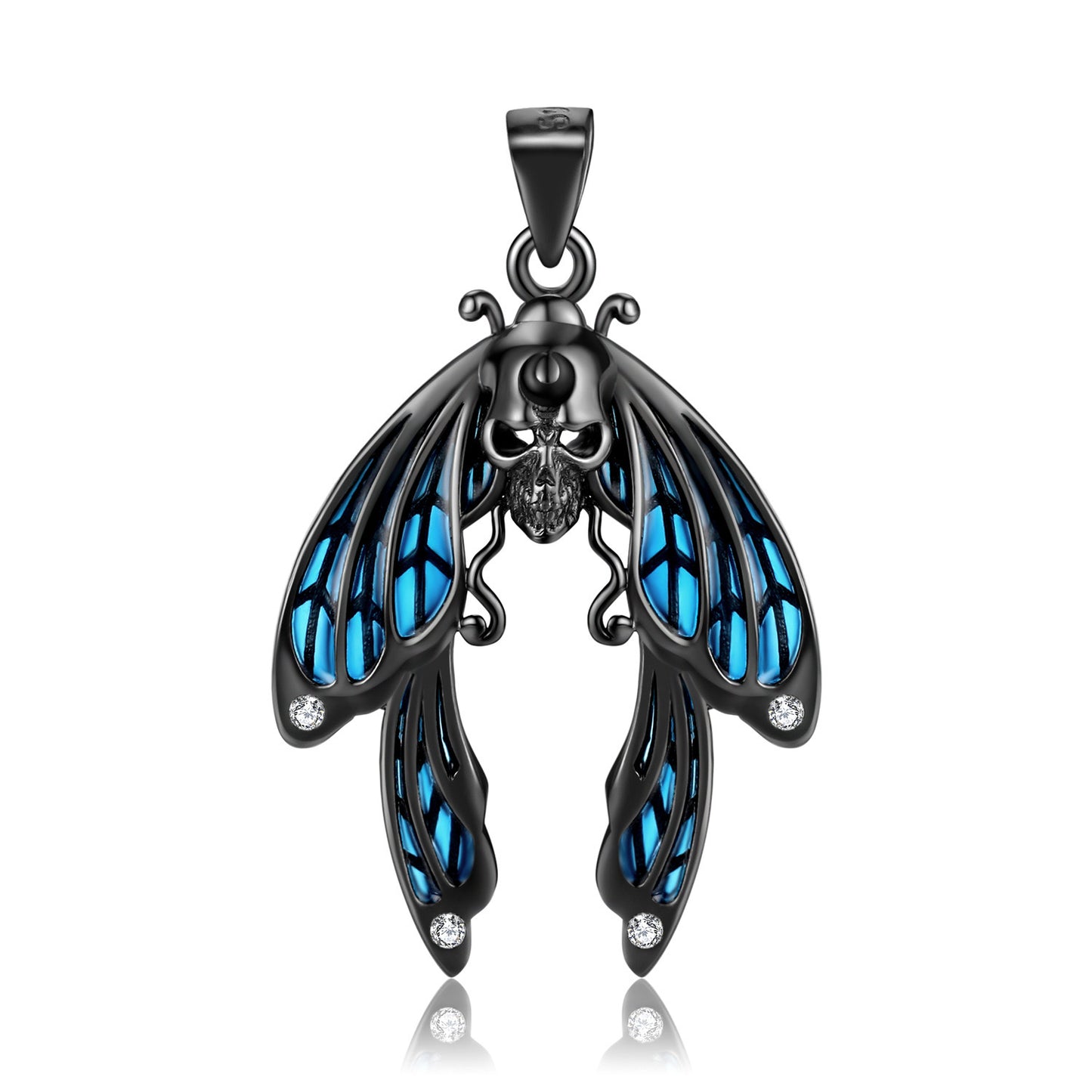 Cicada Skull Blue Enamel Necklace, S925 Sterling Silver with Black Gold Plating, Gothic Dark Aesthetic Halloween Jewelry