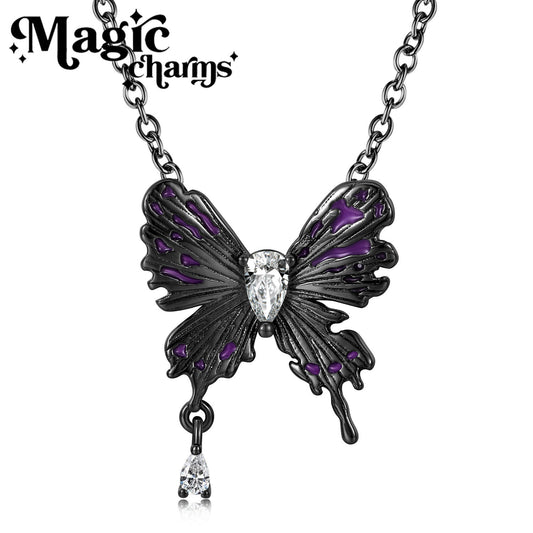 Black Butterfly Purple Enamel Necklace, S925 Sterling Silver with Black Gold Plating, Gothic Dark Aesthetic Halloween Jewelry