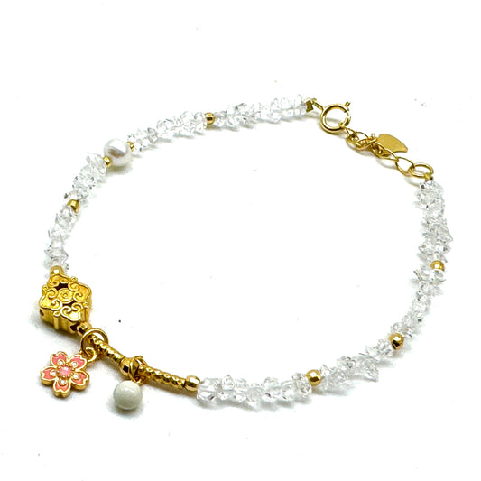 Herkimer Diamond Bracelet - Cherry Blossom Pendant, Unique Semiprecious Stones with Gold-Plated S925 Sterling Silver Accents, Elegant Design