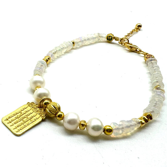 Opal and White Pearl Bracelet - Gold-Plated S925 Sterling Silver, Unique Semiprecious Stones with Chinese Cloud Charm