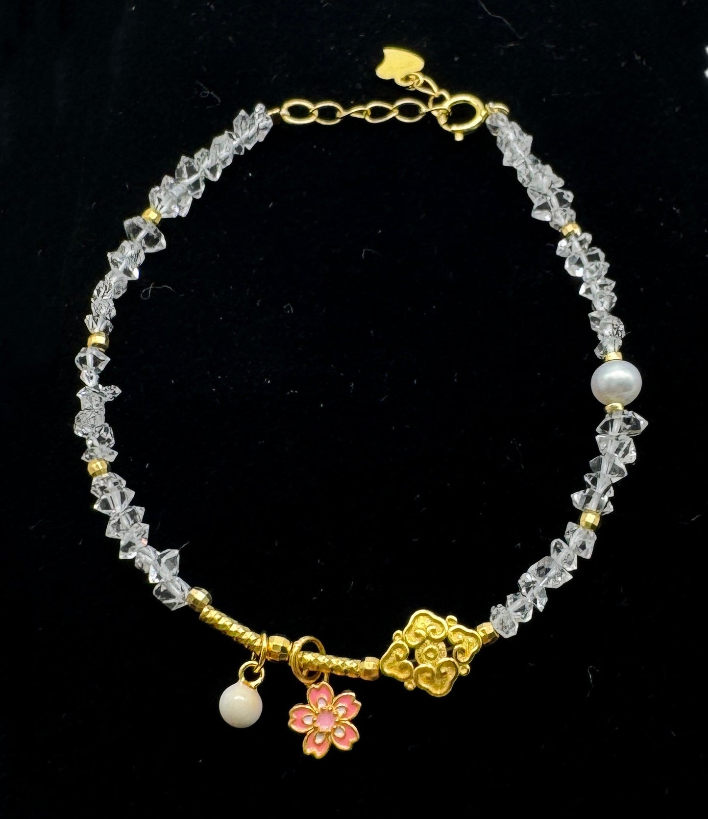 Herkimer Diamond Bracelet - Cherry Blossom Pendant, Unique Semiprecious Stones with Gold-Plated S925 Sterling Silver Accents, Elegant Design