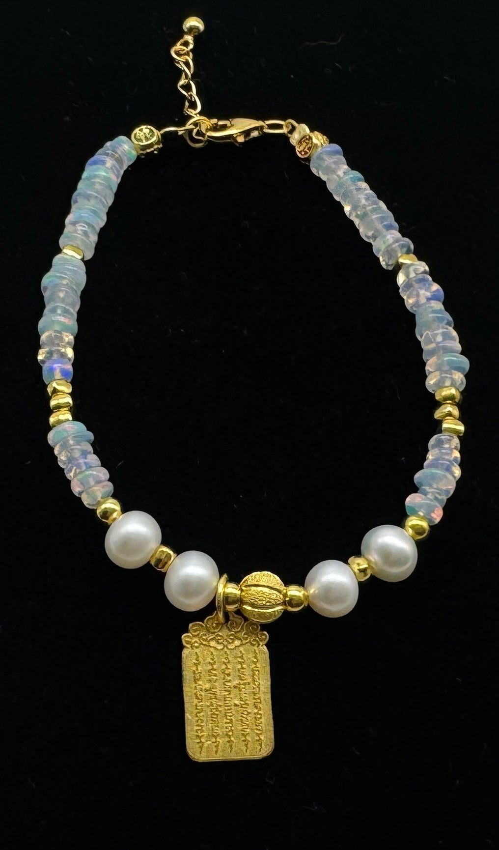 Opal and White Pearl Bracelet - Gold-Plated S925 Sterling Silver, Unique Semiprecious Stones with Chinese Cloud Charm