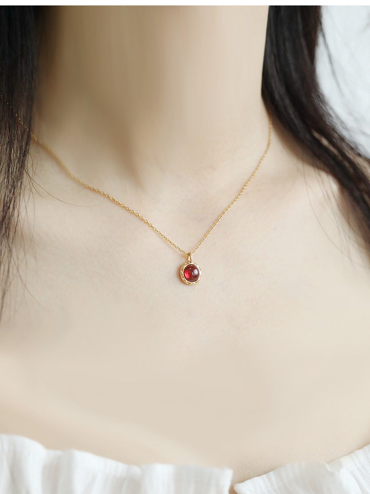 Small Round Natural Garnet Necklace S925 Silver with Gold Plating - Women's January Birthstone Jewelry