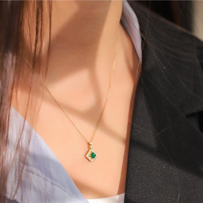 Square Emerald Green Gemstone Pendant Necklace S925 Silver with 18K Gold Plating - Unique Collarbone Chain, May Birthstone Jewelry