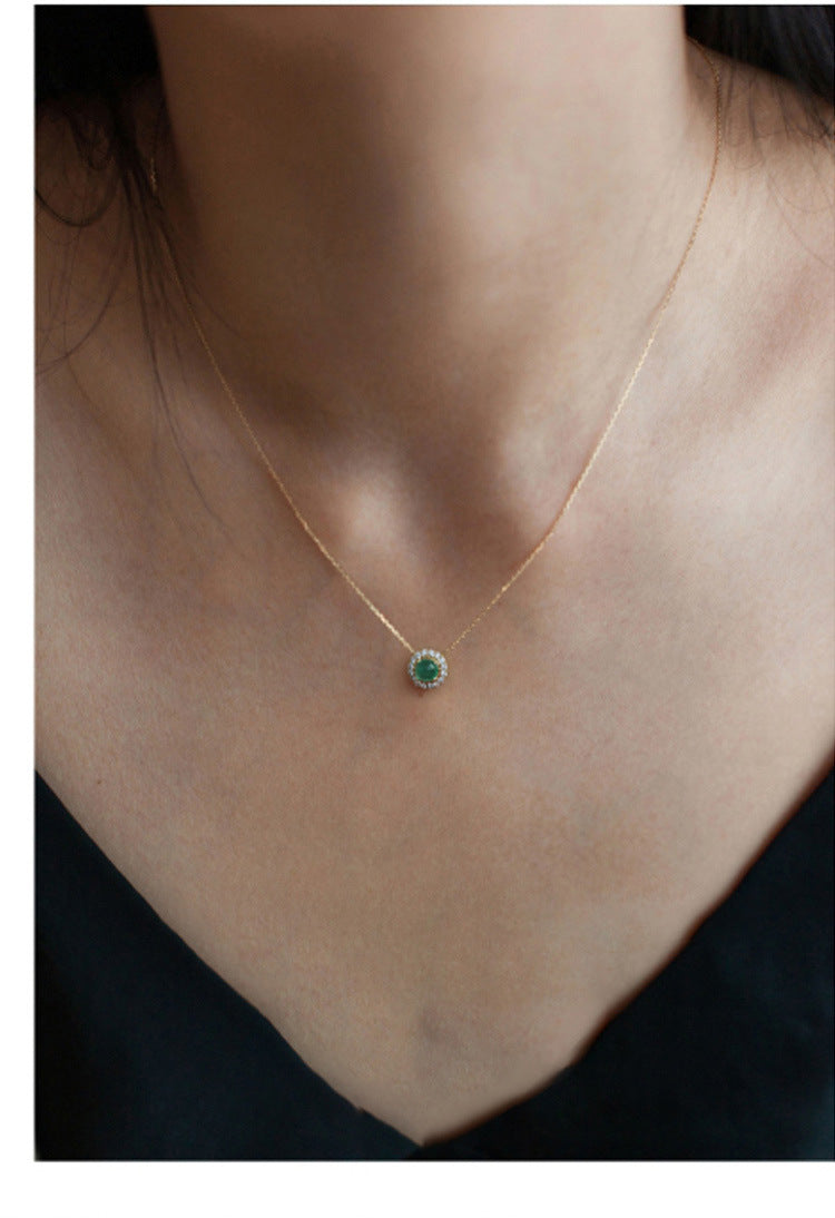 Green Crystal Gemstone Emerald and Zircon Round Pendant Necklace 925 Sterling Silver with 18K Gold Plating - Elegant Collarbone Chain Jewelry