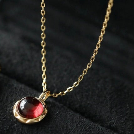 Small Round Natural Garnet Necklace S925 Silver with Gold Plating - Women's January Birthstone Jewelry