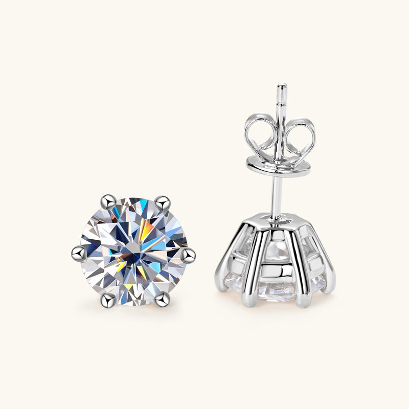 Six-Prong Stud Earrings, S925 Sterling Silver, Brilliant Synthetic Moissanite – Timeless Sparkle for Everyday Luxury