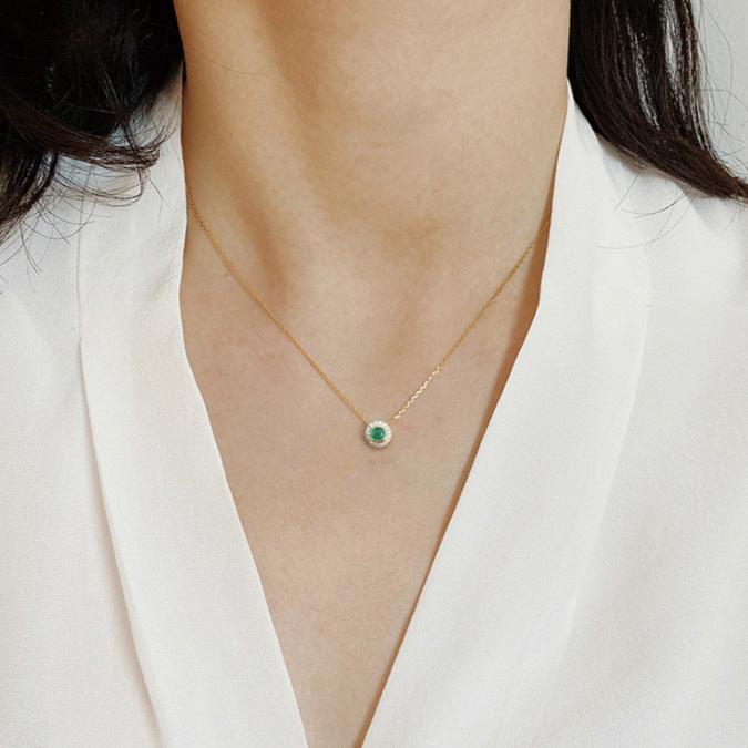 Green Crystal Gemstone Emerald and Zircon Round Pendant Necklace 925 Sterling Silver with 18K Gold Plating - Elegant Collarbone Chain Jewelry