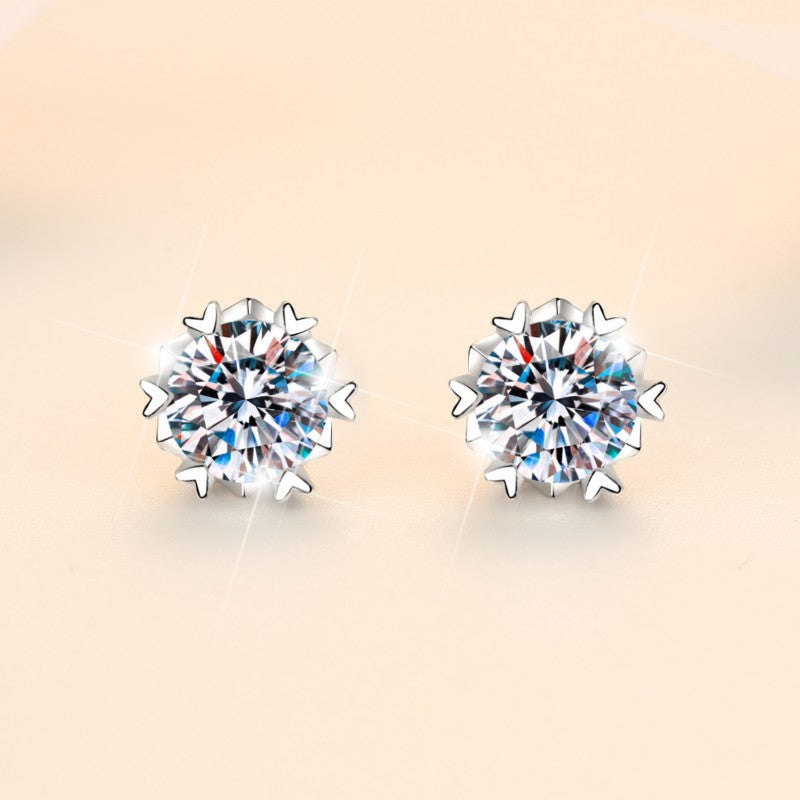 Snowflake Stud Earrings, Sparkling Synthetic Moissanite, S925 Sterling Silver – Elegant Winter Jewelry for Special Occasions