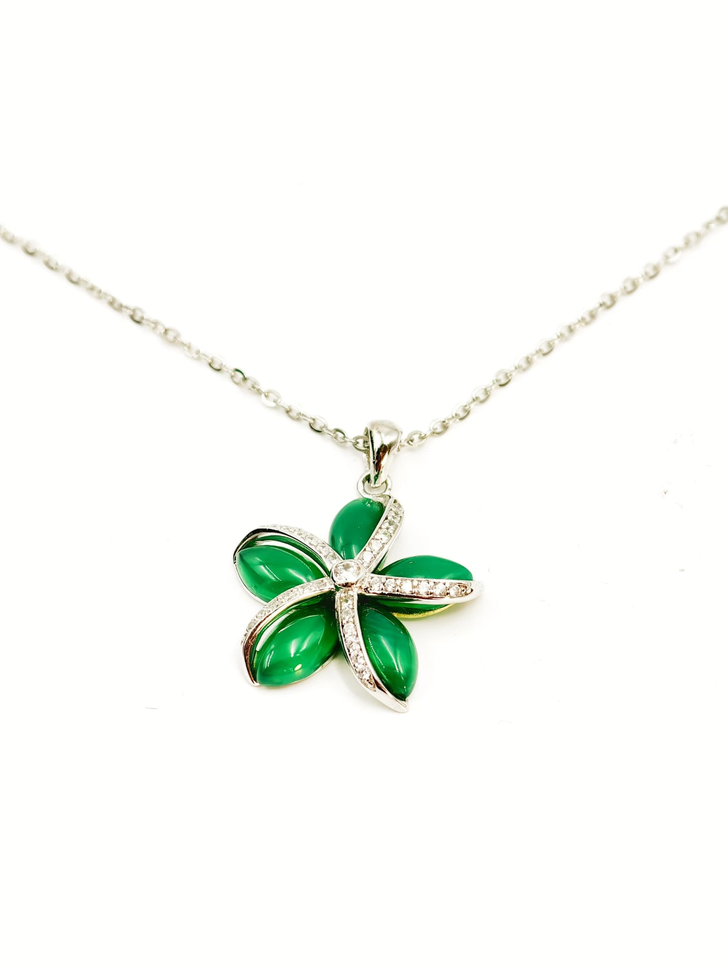 Flower Natural Green Agate Pendant Necklace - S925 Sterling Silver, Premium Natural Stone Jewelry, Elegant Gift for Women