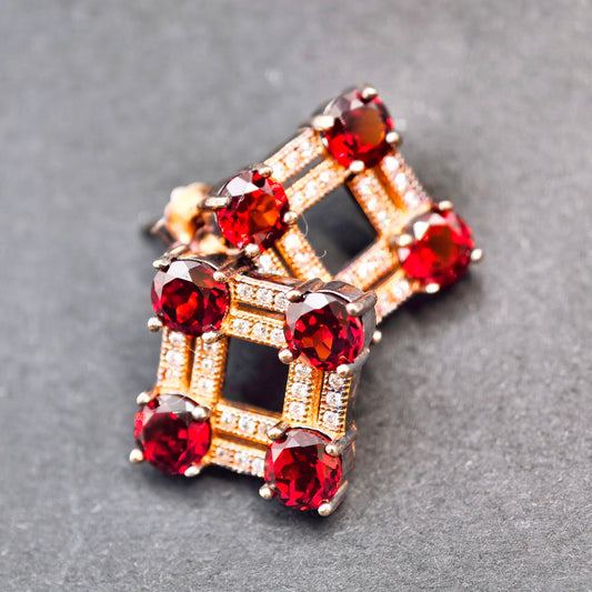 Square Natural Garnet Stu Earring, S925 Sterling Silver, Red Gemstone, Young Fashion Jewelry