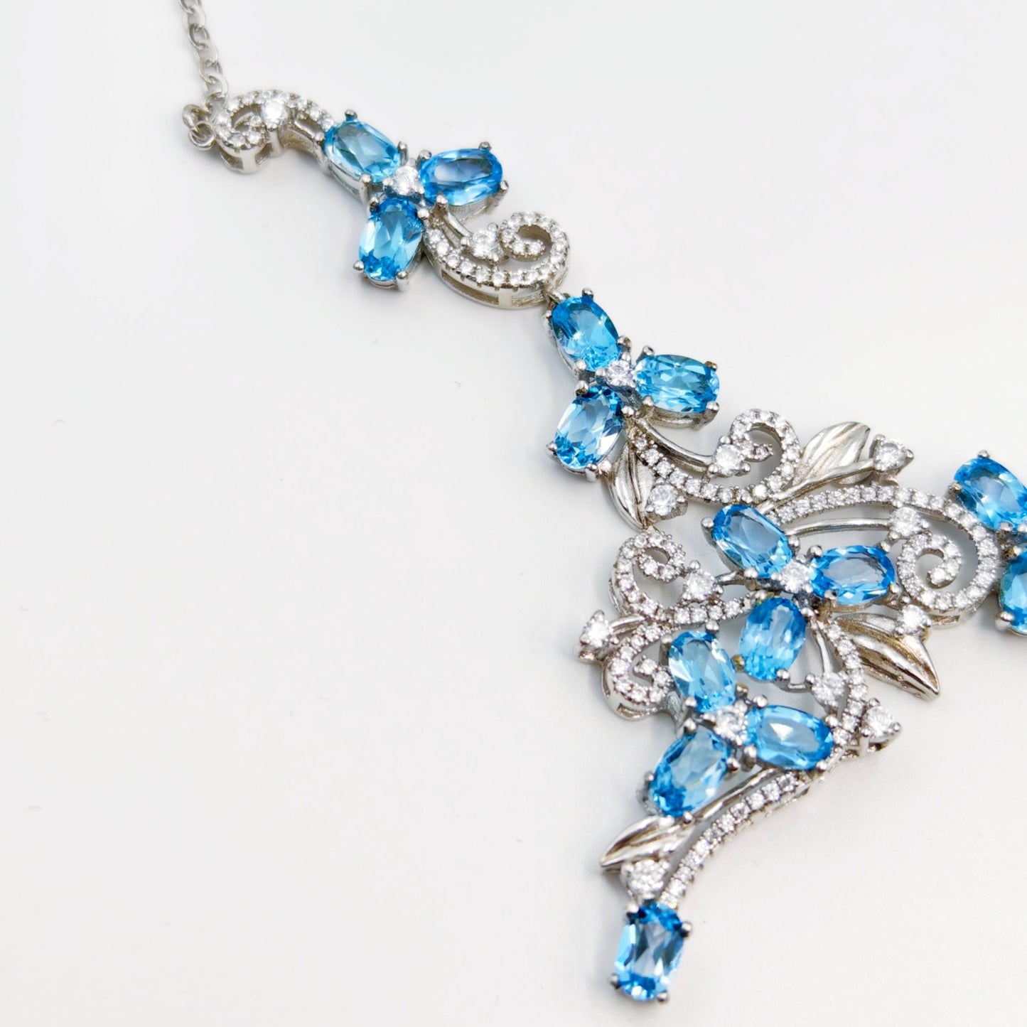 Lace Blue Topaz Necklace, S925 Sterling Silver, Premium Natural Gemstone - Intricate Elegant Vintage-Inspired Jewelry for Women,Luxury Accessary