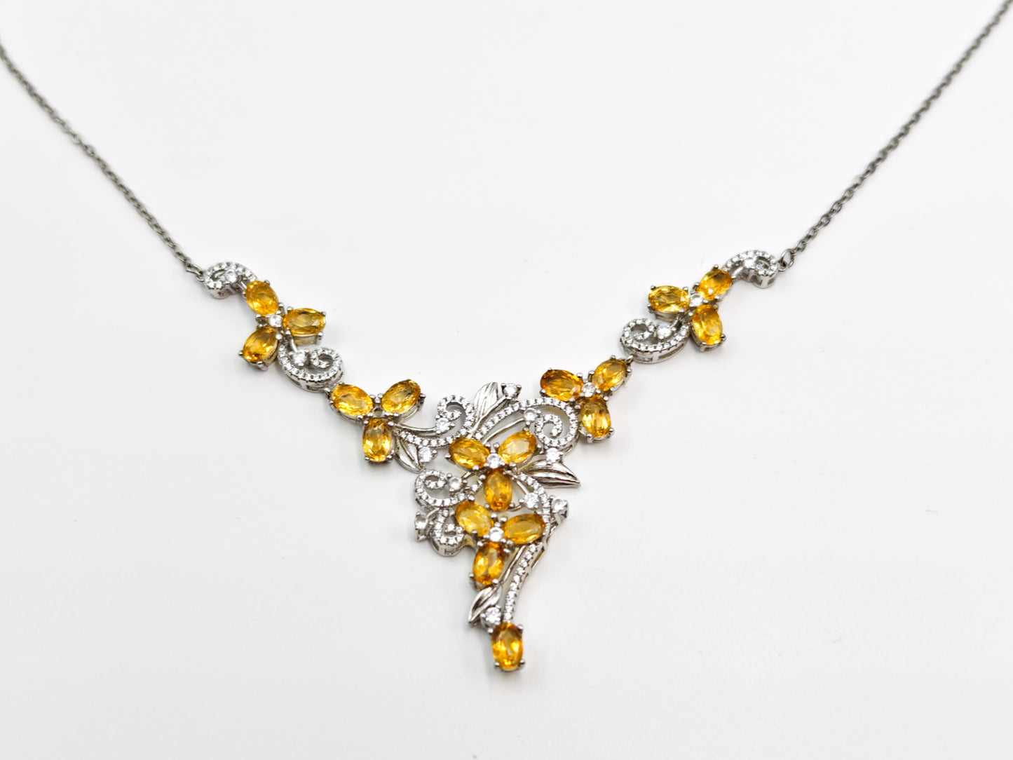 Lace Natural Citrine Necklace, S925 Sterling Silver, Intricate Elegant Vintage-Inspired Jewelry for Women, Luxury Accessary