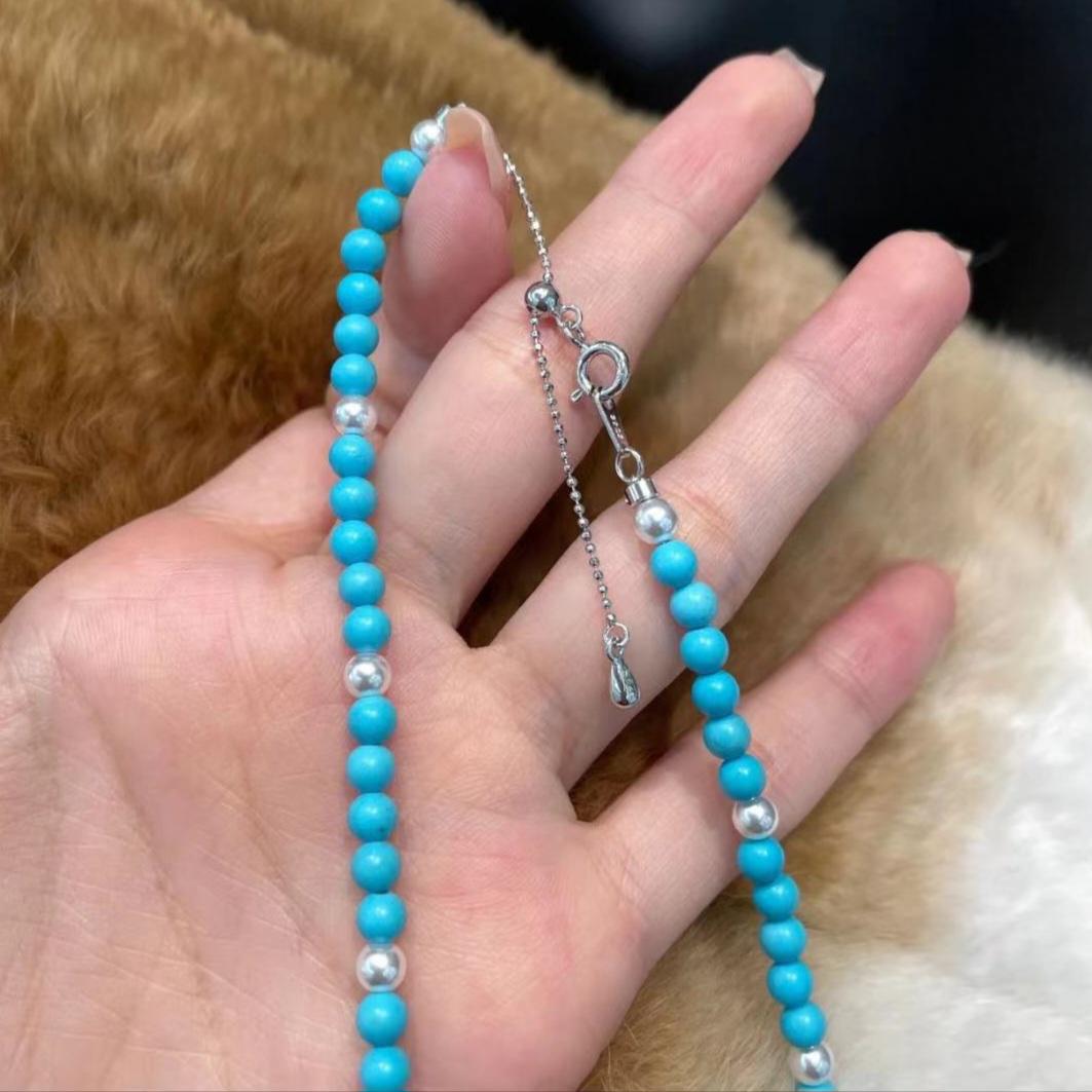 Turquoise and Synthetic Pearl Beaded Necklace - Double Strand Design for Women