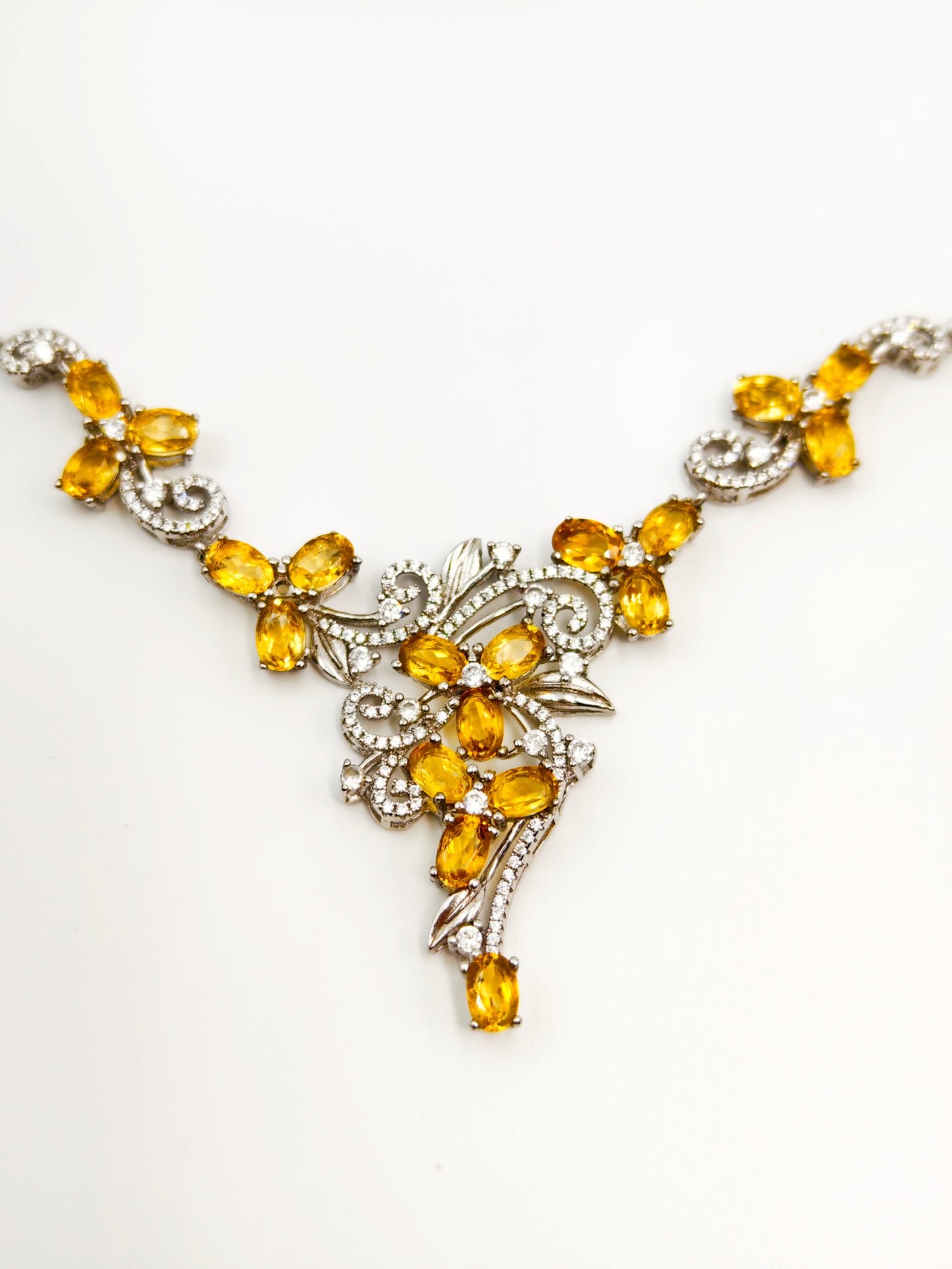 Lace Natural Citrine Necklace, S925 Sterling Silver, Intricate Elegant Vintage-Inspired Jewelry for Women, Luxury Accessary