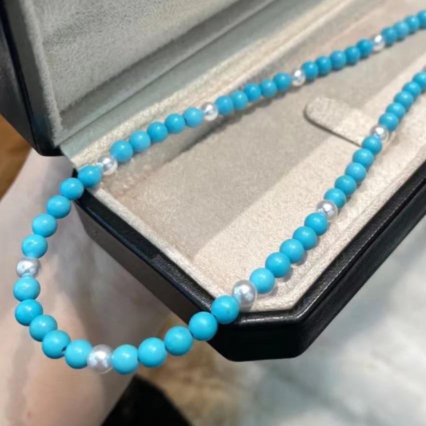 Turquoise and Synthetic Pearl Beaded Necklace - Double Strand Design for Women