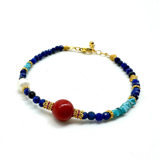 Vermilion Lapis Lazuli Bracelet Handmade, Unique Semiprecious Gemstone Jewelry - Perfect for Gifts & Fashion Chinese Style