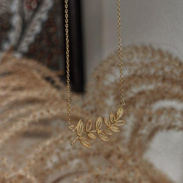 Laurel Branch Necklace, 14K Gold-Plated Sterling Silver (S925), Greek Mythology-Inspired Jewelry