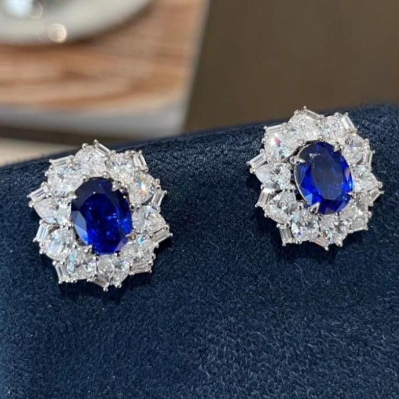 Royal Blue Princess Diana Style Vintage Earrings, S925, 2.5ct/2ct Simulated Sapphire, Surrounded by White Simulated Diamonds