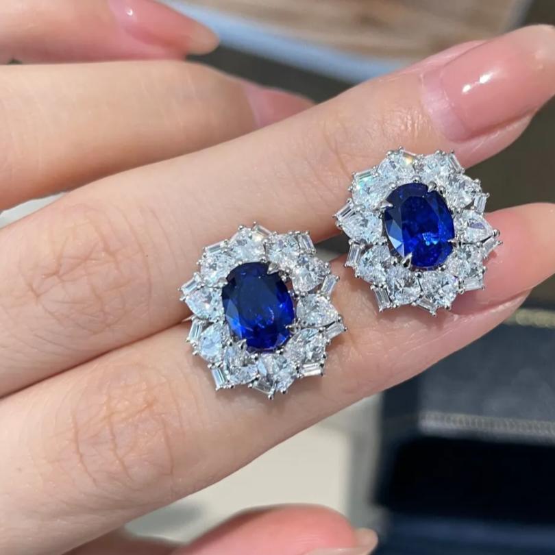 Royal Blue Princess Diana Style Vintage Earrings, S925, 2.5ct/2ct Simulated Sapphire, Surrounded by White Simulated Diamonds