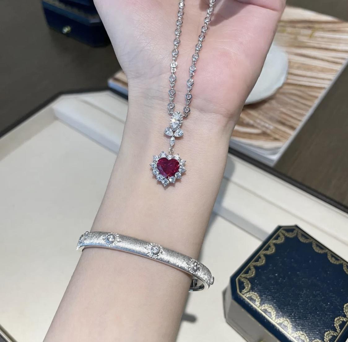 Heart-Shaped Pigeon Blood Red 3ct Gemstone Necklace, Lab-Grown Diamonds, S925 Sterling Silver, Romantic Jewelry, Elegant Valentine's Day Gift for Her