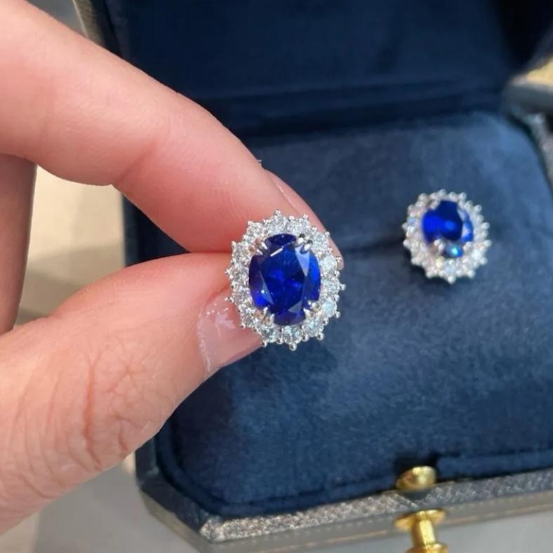 Royal Blue Princess Diana Style Vintage Earrings, S925, 2.5ct/2ct Simulated Sapphire, Surrounded by White Simulated Diamonds